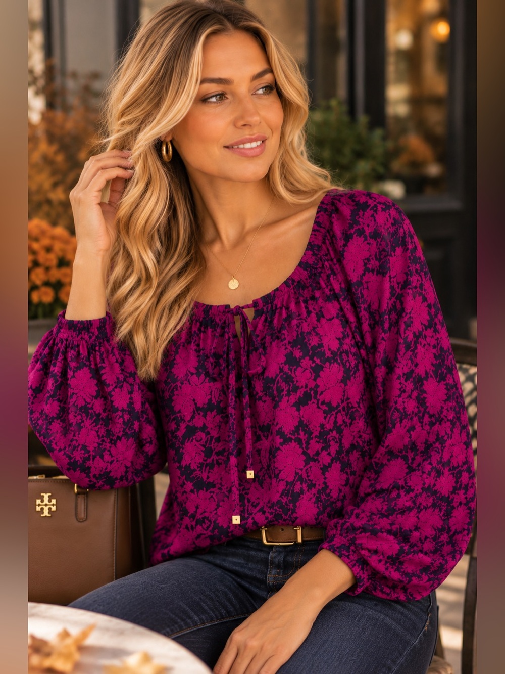 Tory Burch Purple and Navy Floral Blouson Top